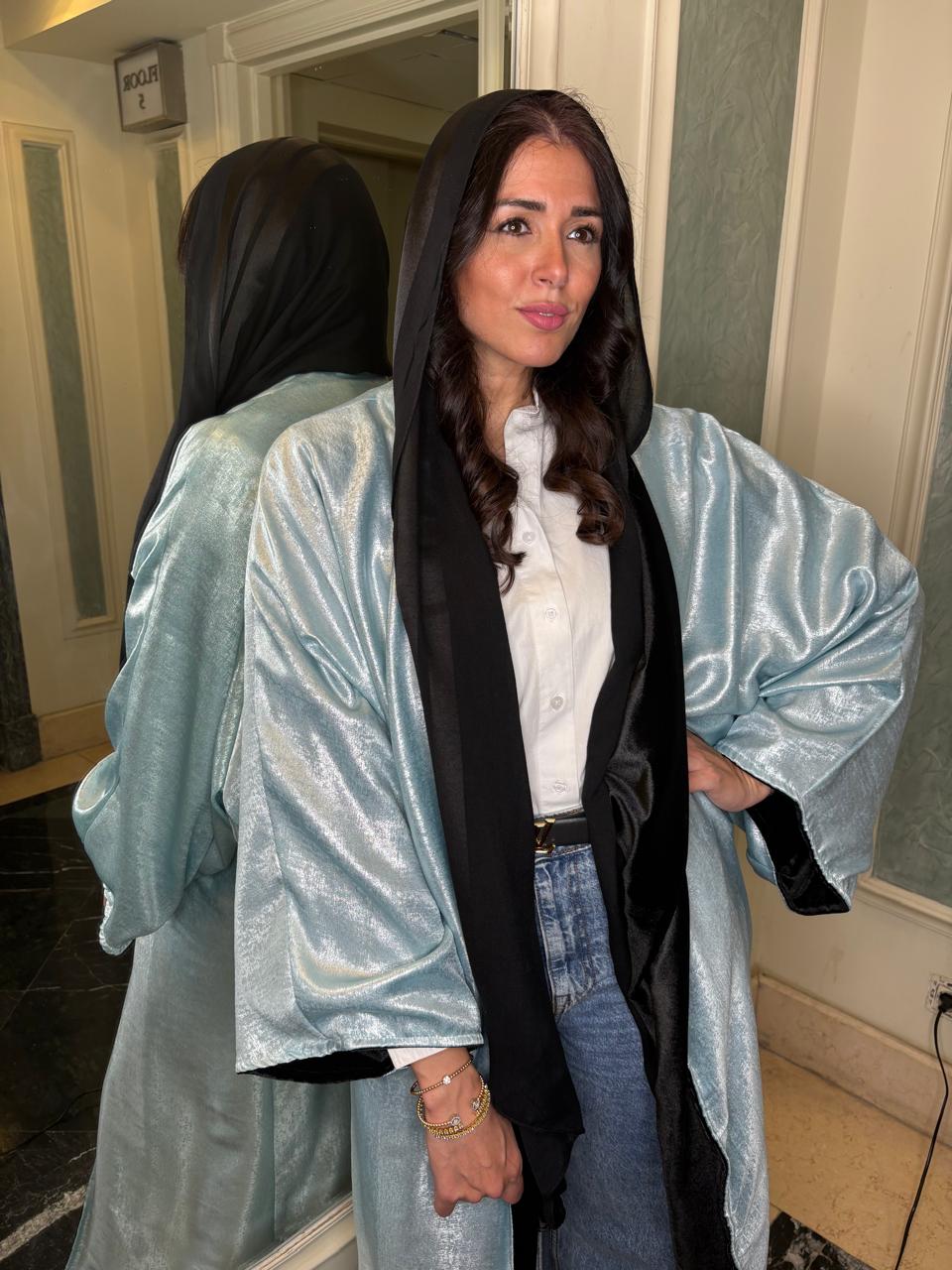 Baby blue silk and black velvet double face Abaya