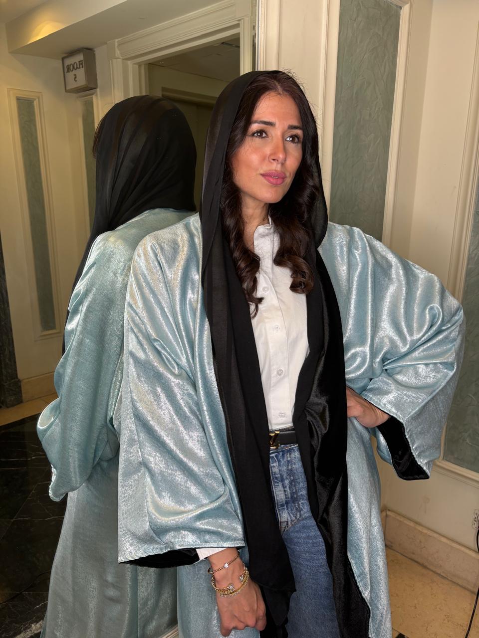 Baby blue silk and black velvet double face Abaya