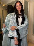 Baby blue silk and black velvet double face Abaya