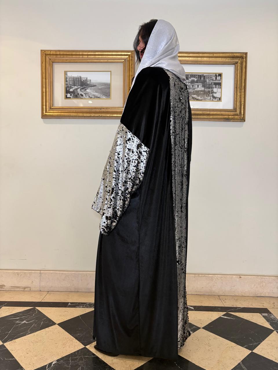 Black velvet Abaya with sequins
