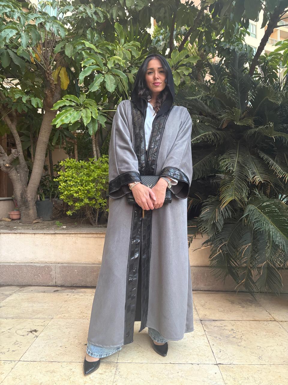 Grey Abaya with black leather