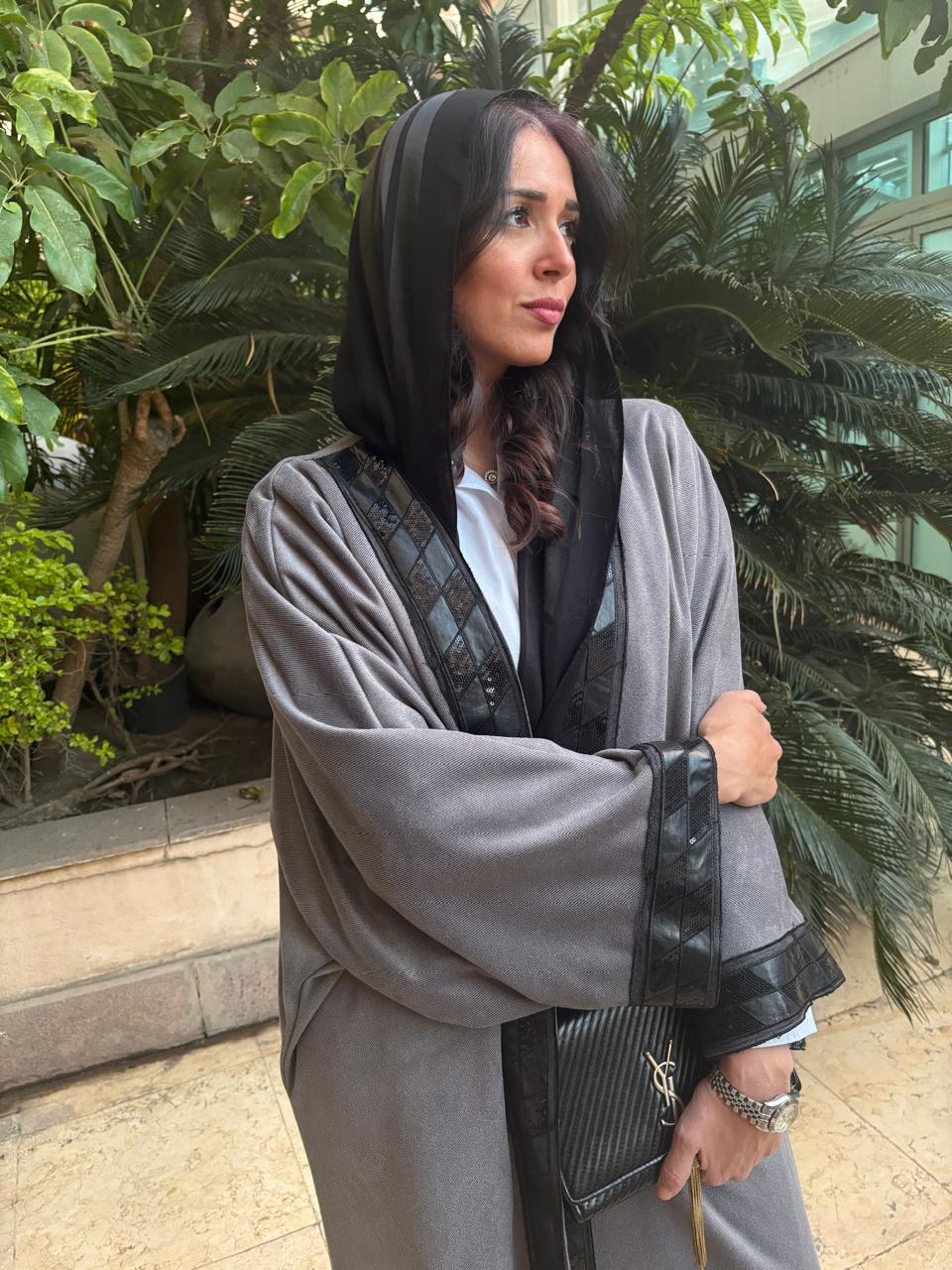 Grey Abaya with black leather