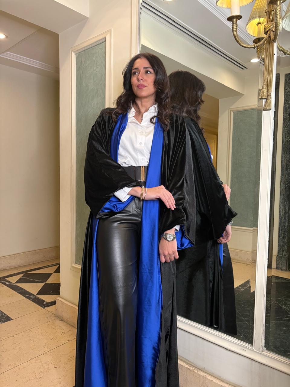 Double face black velvet and royal blue silk Abaya